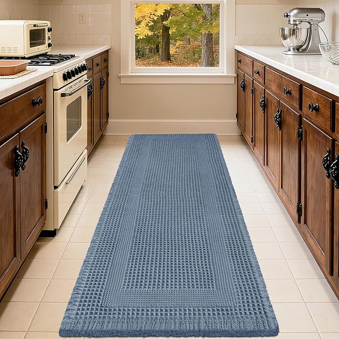 IM HOME Extra Large Waffle Bath Mat, Boho Bathroom Rugs Absorbent Non Slip, Ultra Soft Bathroom Mat, Machine Washable Knit Bath Rugs with Tassels for Bathroom, Bedroom, Kitchen, Tub, 5'x2', Blue