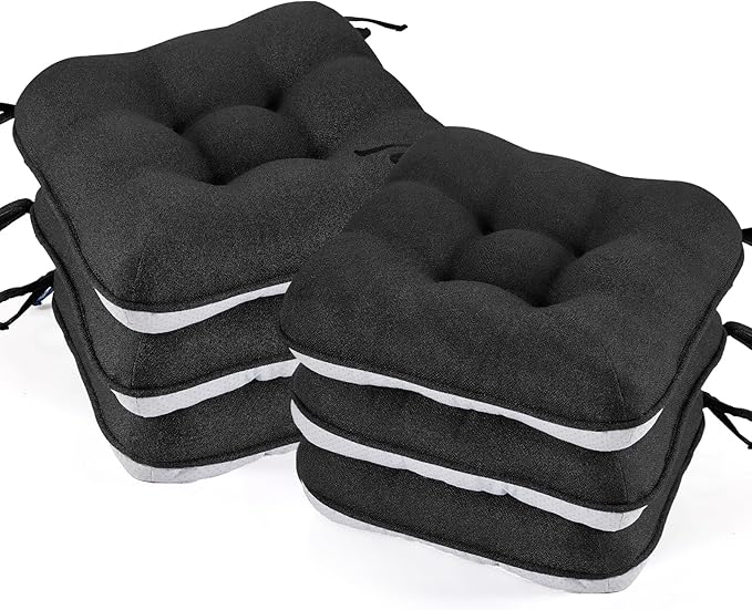 BETU Black Chair Cushions for Dining Chairs Set of 6,3.5" Thick Kitchen Table Chair Pads with Ties,Non Slip Backing and Covers,Seat Cushion for Dining Room,Bar,Patio Chairs,15.5"X15.5"X3.5",Black