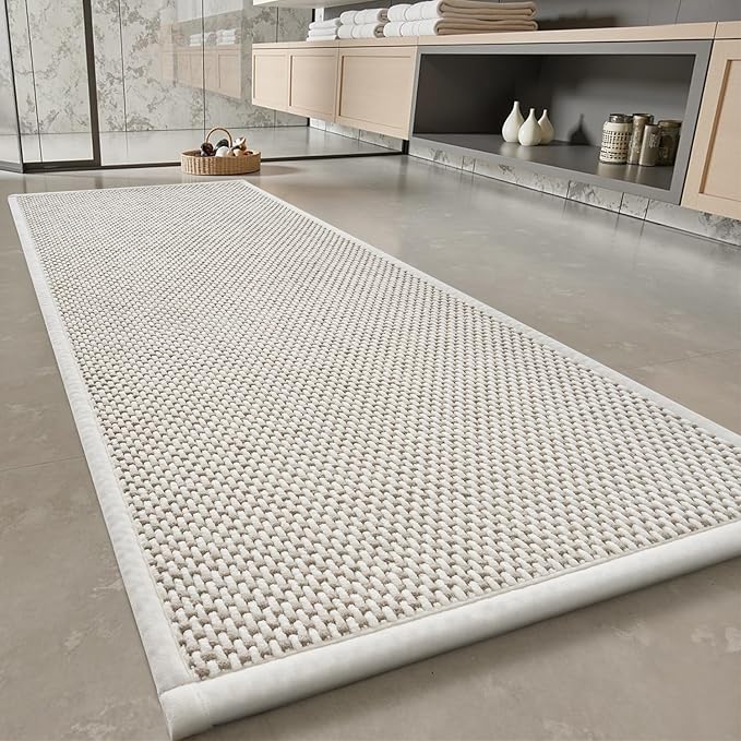 PADOOR-Bath Mat Runner-Super Absorbent Chenille Bathroom Mats-Rubber Backed Bath Mats for Bathroom Non Slip, Easy Clean Bathroom Runner Rugs Front of Bathtub,Shower Room,Sink-17×59, Beige&Cream