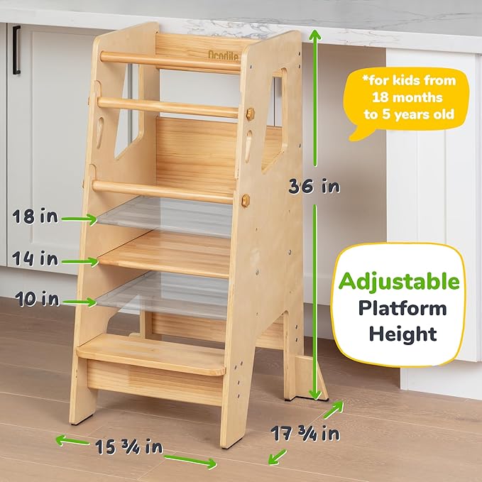 OCODILE Toddler Standing Tower - Adjustable Height Toddler Kitchen Stool Helper - Ideal Kids Kitchen Step Stool for Learning New Skills - Extra Secure with Safety Feet - Varnished