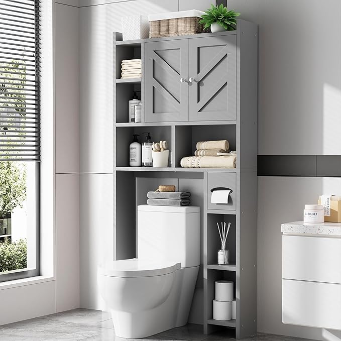 Over the Toilet Storage Cabinet, Freestanding Farmhouse Storage Cabinet Over Toilet, Bathroom Organizer with Paper Holder Stand and Adjustable Shelf, Grey