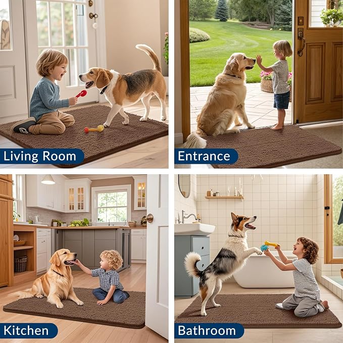 Smiry Dog Door Mat for Muddy Paws 24x16, Absorbent Dirt Trapper, Non-Slip Washable Chenille Entryway Rug for Inside Floor, Mocha, Classic Solid