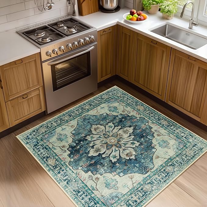 RELEANY Area Rugs Square 4ft Washable Non-Slip, Floral Vintage Distress Medallion Carpet for Living Room Bedroom Dining Room, Dark Blue Vintage