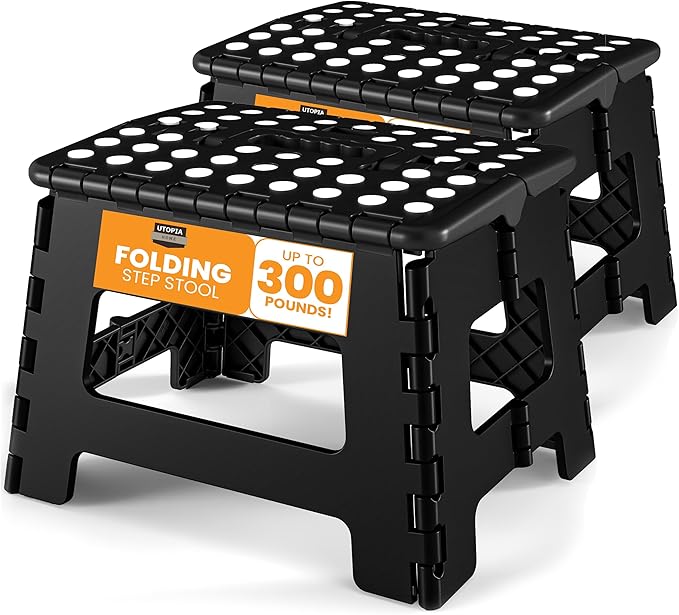 Utopia Home Folding Step Stool with Handle – 9 Inch Anti Slip Collapsible Stool – Holds Up to 300 lbs – Sturdy Plastic Step Stool Foldable for Kitchen, Bathroom and Home Use (2-Pack, Black)