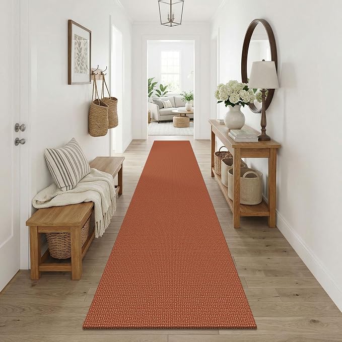 KOZYFLY Orange Runners Rugs for Hallway 2.5'x10', Washable Runner Rug, Woven Non Slip Kitchen Runner, Braided Entryway Rug, Floor Carpet for Entry, Aisle, Hall, Burnt Orange/Tan