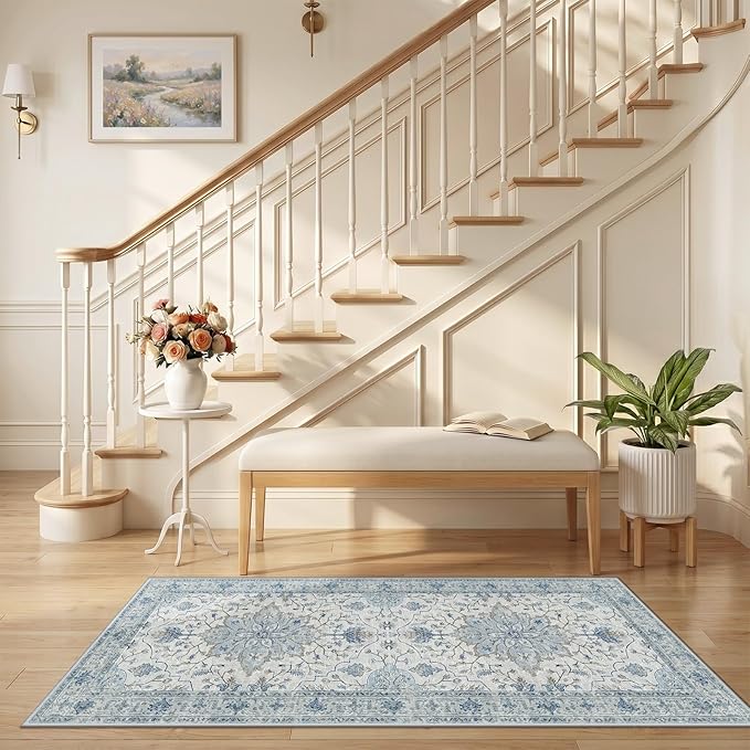 RELEANY Area Rugs Runner 2'6"x5' Washable Non-Slip, Floral Vintage Distress Medallion Carpet for Kitchen Hallway Bedroom Beside Laundry Room Bathroom, Light Blue Navy Gray White