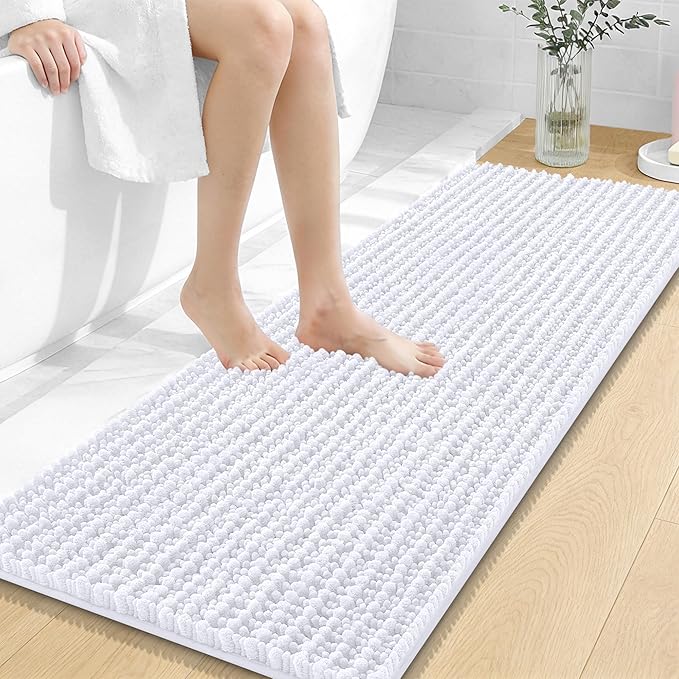 OLANLY Long Bathroom Rugs Runner 47x17, Thick Soft and Absorbent Chenille Bath Mat, Non-Slip, Machine Washable Quick Dry Bath Rugs for Tub Shower Floor, Home Decor Accessories, White
