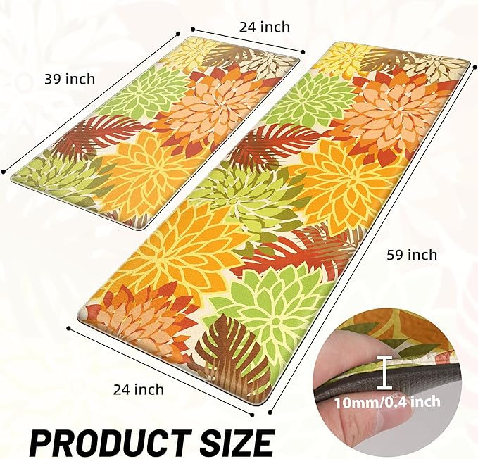 Arenarug Kitchen Mats for Floor 2PCS Cushioned Anti Fatigue Kitchen Mats Waterproof Non Slip Kitchen Rug Set Foam Standing Mat for Sink, Laundry, Office, 24"x39"+24"x59", Maple Orange