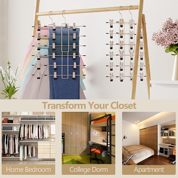 Pants Hangers with Clips,Space Saving Hanging Closet Organizer-6 Tiers Skirt Hangers with 360° Swivel Hook,Closet Organizer-Clothes Hangers