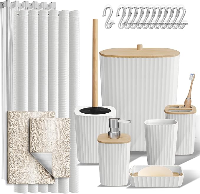 Clara Clark Bathroom Accessories Set - Bathroom Set, Bathroom Sets with Shower Curtain and Rugs, Shower Curtain Set with Bathroom Trash Can - Ombre White - 22PC