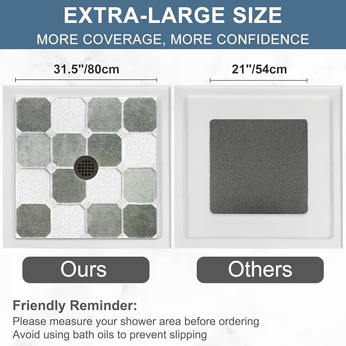 Square Shower Mat Non Slip: 32x32 Inch Extra Large Shower Mats for Inside Shower, Non Slip Shower Mat with Drain Hole in Middle- Anti Slip Shower Floor Mat, Loofah Shower Stall Mats for Elderly