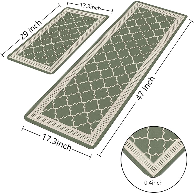 Sage Green Vintage Moroccan Grid Elegance Kitchen Rug Sets [2 PCs], Anti-Fatigue, Waterproof Non-Slip Kitchen Mats Heavy Duty Comfort Foam Rug for Kitchen, Floor, Laundry,17"x29"+17"x47"