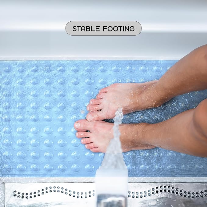 LUX Décor Non-Slip Bathtub Mat, Extra Large 40x16 Inches – Anti-Slip Safety Shower Mat with Suction Cups & Drain Holes – Machine Washable Bath Mat – Clear Blue