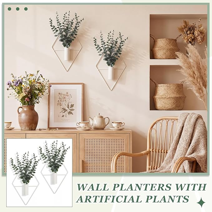 Jexine Hanging Planters with Artificial Eucalyptus Metal Hanging Vase Indoor Plants Holder Modern Geometric Boho Bathroom Wall Decor for Living Room Home Office(Eucalyptus,Matte White,4 Pcs)