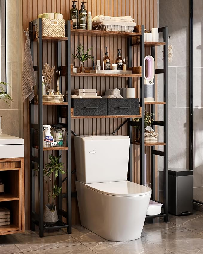 Besiost Over The Toilet Storage, 11 Tier Bathroom Organizer with Dual Side Racks and 2 Fabric Drawers, Adjustable Freestanding Rack Space Saver for Small Spaces, Rustic Brown
