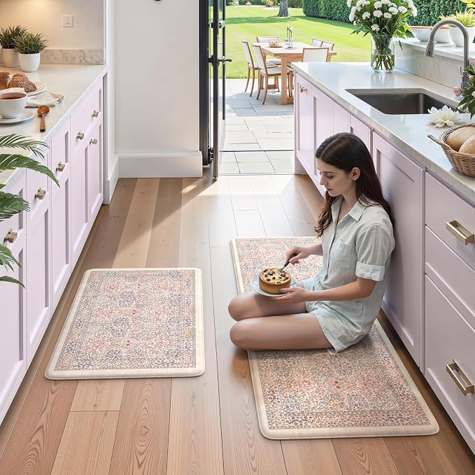 Collive Anti Fatigue Mats for Kitchen Floor, Cushioned Comfort Kitchen Rugs Sets of 2 Waterproof Non Skid Padded Sink Rugs, Pink/Blue Floral Rug Standing Mat for Laundry, Home Office Decor