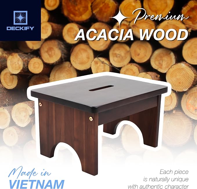 Wooden Step Stool for Adults, Small Acacia Wood Stepping Stool, Non-Slip 1-Step Bedside Stool for Bed & Bathroom, 600 lbs, Portable - 9 Inch