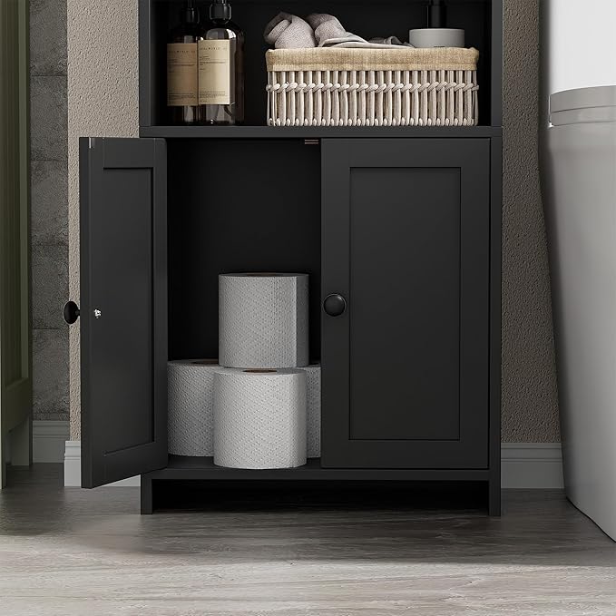 Homhedy Small Bathroom Storage Cabinet, Freestanding Toilet Paper Storage with 2 Doors and Shelves, Bathroom Organizers and Storage for Small Spaces, Laundry Room, 7.9" D x 14.6" W x 31" H, Black