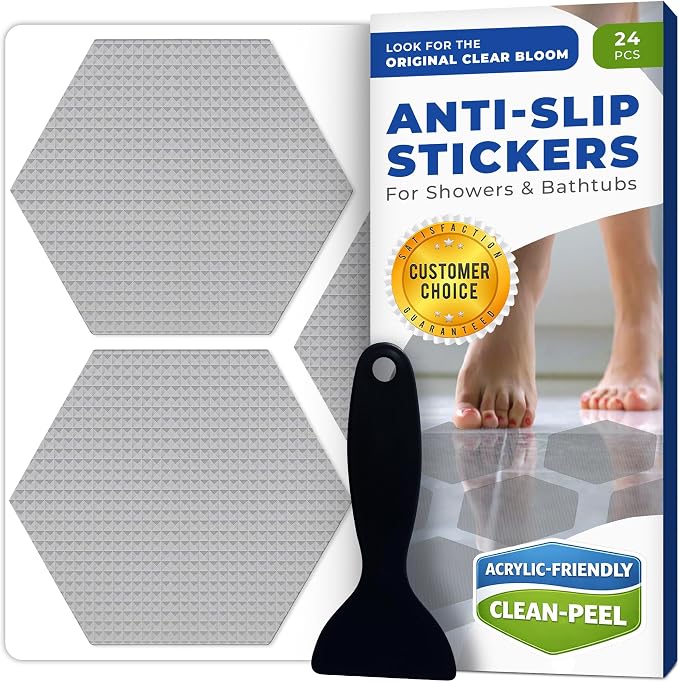 Clear Bloom Anti Slip Shower Stickers 24 PCS, Gray Non-Slip Shower Strips for Adults, Premium Adhesive Bath Tub Stickers