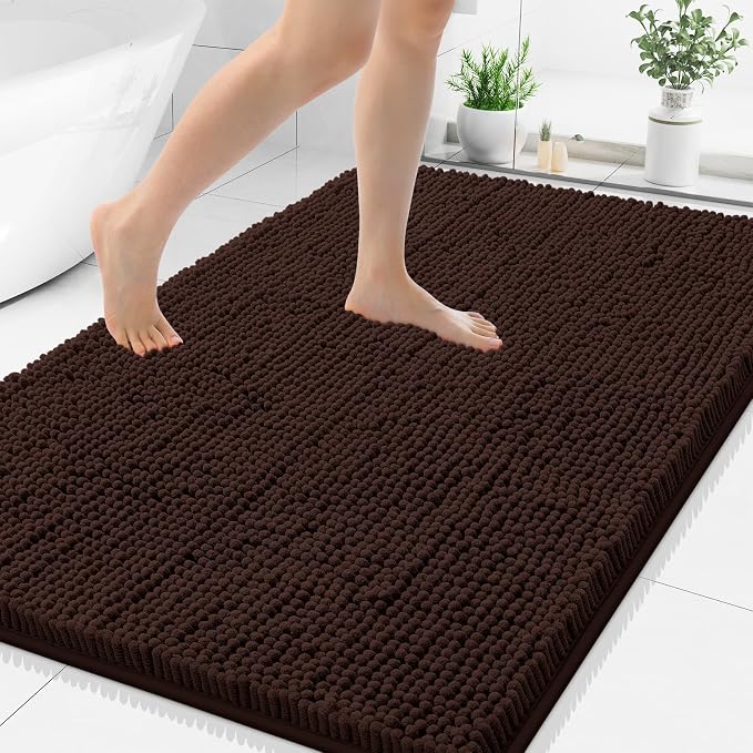 Smiry Luxury Chenille Bathroom Rugs 50x30, Extra Soft and Absorbent Shaggy Bath Mat, Machine Washable, Non-Slip Plush Carpet Runner for Tub, Shower, and Floor, Home Decor Accessories, Brown