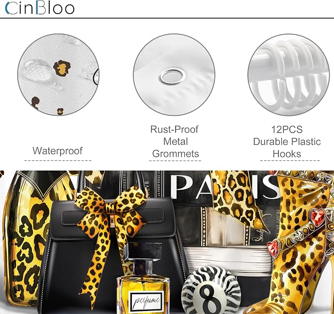 4Pcs Gold Black Leopard Shower Curtain Set, Luxury Cheetah Bathroom Curtain with Rug, Toilet Lid Cover, Bath Mat, Fashion Magazine Books Perfume High Heels Girly Shower Curtain with 12 Hooks