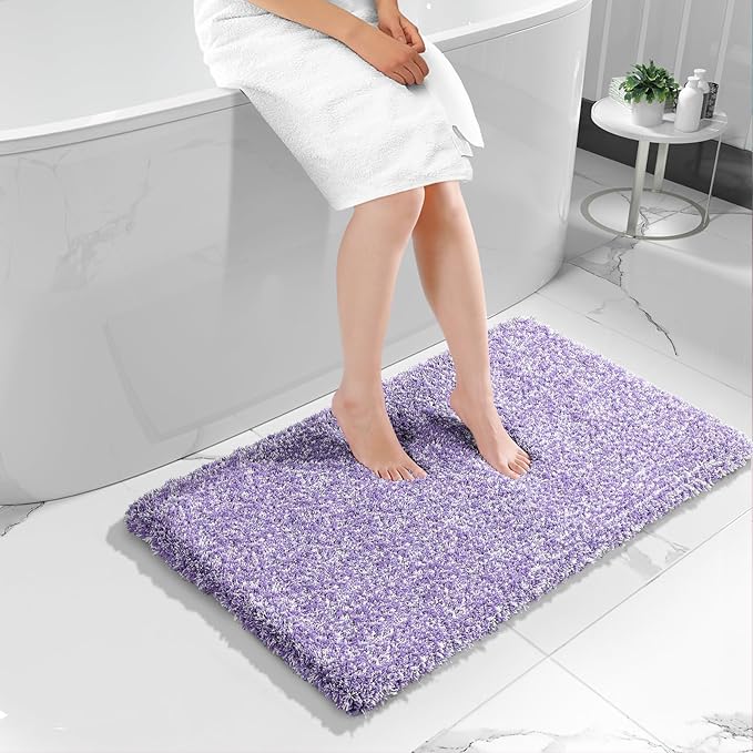 Yimobra Luxury Bathroom Rugs, Fluffy Bath Mats, Non Slip, Water Absorbent Microfiber, Machine Washable, Plush Runner Carpet Shower Rugs, Thick Matts for Bathroom Floor&Tub, 44" X 24", Purple and White