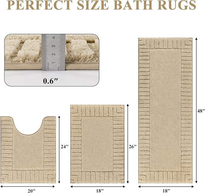 Pauwer Bathroom Rugs Sets 3 Piece Bathroom Shower Rugs with U-Shaped Contour Toilet Mat Absorbent Microfiber Plush Bath Mats Non Slip Bath Rug Machine Washable Shaggy Bath Mat Set, Beige