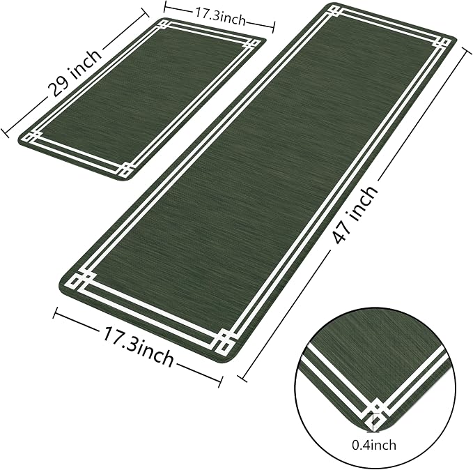 Dark Green Retro Elegance Frame Textured Kitchen Rug Sets [2 PCs], Anti-Fatigue, Waterproof Non-Slip Kitchen Mats Heavy Duty Comfort Foam Rug for Kitchen, Floor, Laundry,17"x29"+17"x47"