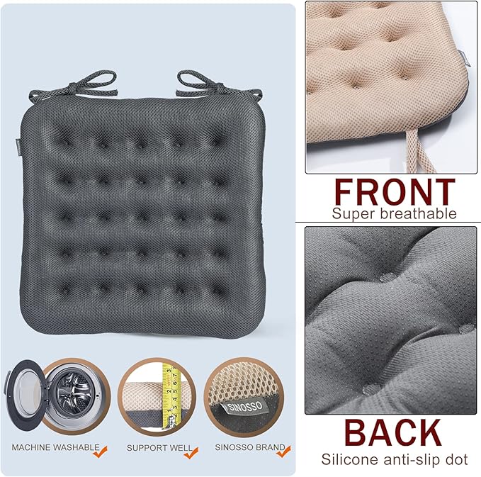 SINOSSO Excellent Support Effect Office Chair Cushion 1 Pack, Luxury Air Mesh Breathable Non-Slip Desk Computer Seat Cushion, Kitchen Dining Room Square Chair Pad (1 Count, Grey)