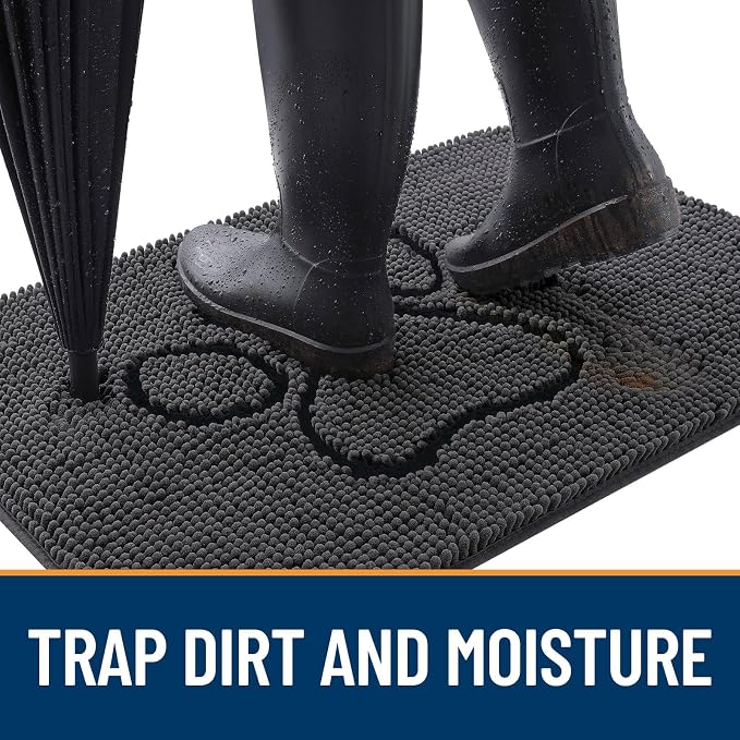 OLANLY Dog Door Mat for Muddy Paws 36x24, Paw Print Design, Absorbs Moisture and Dirt, Non-Slip Washable Doormat, Quick Dry Chenille Mud Mat, Entry Indoor Entryway Carpet, Dark Grey and Black