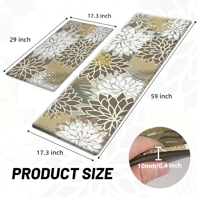 Arenarug Kitchen Mats for Floor 2PCS Cushioned Anti Fatigue Waterproof Non Slip Kitchen Mat Rug Set Comfort Foam Standing Mat for Sink, Laundry, Office,17.3" x 28" + 17.3" x 59", Brown White