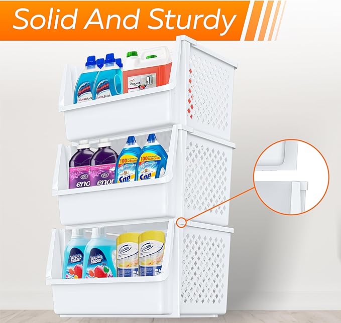 TidyFriend 6 Pack XLarge Stackable Storage Bins Open Front for Pantry Organizers and Storage, Pantry Storage for Food, Kitchen and Home Organization, Plastic Storage Bins, Dorm Room Essentials (White)