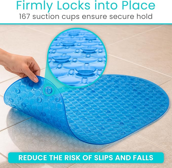 Vive Oval Bathtub Mat - Nonslip Shower Floor Pad - Non-Slip and Non-Skid for Bath Tub with Strong Rubber Suction Cup Grip - for Baby, Elderly, Kids, Bathroom (Blue)