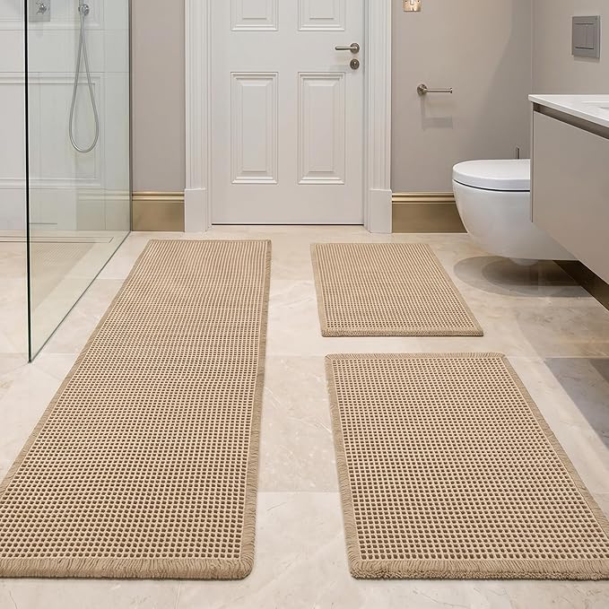 JIUZHEN Set of 3 Waffle Bath Mats Boho Waffle Bathroom Rug Washable Non Slip Bath Rugs Super Absorbent Shower Mat for Bathroom Kitchen Tub, 16" x 24" +24" x 36"+24" x 48", Brown