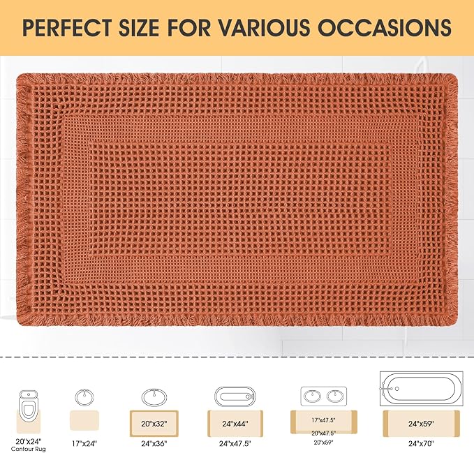 Upgrade Waffle Bath Mat, Boho Bathroom Rugs Absorbent Non Slip, Ultra Soft Bathroom Mat, Machine Washable Knit Bath Rugs with Tassels for Bathroom, Bedroom, Kitchen,Shower,Tub, 36"x24", Burnt Orange