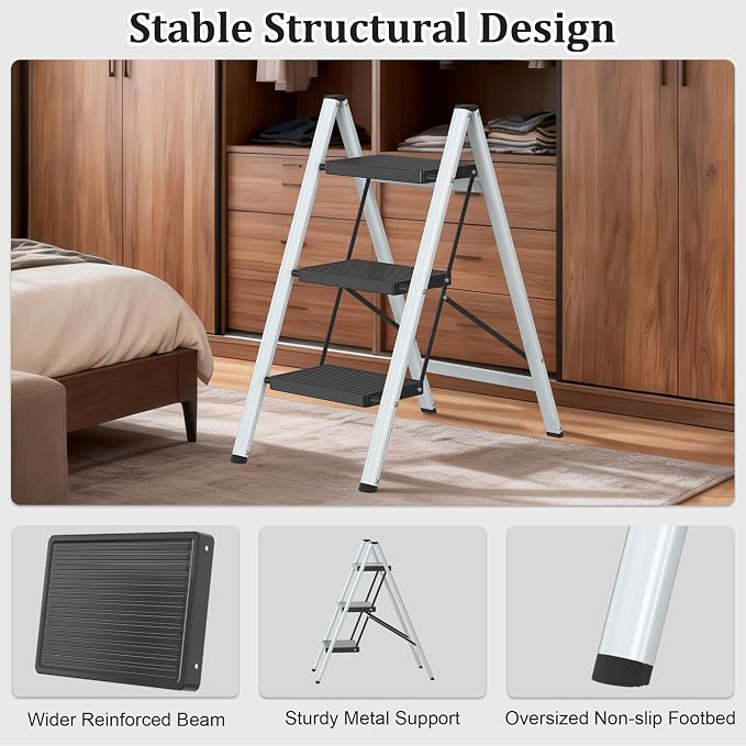 DIAMONDFORGE 3 Step Ladder, Lightweight Folding Step with Wide Anti-Slip Pedal & Feet, 330 lbs Capacity,Sturdy Steel Step Ladder for Home,Office and Library,Gray Black