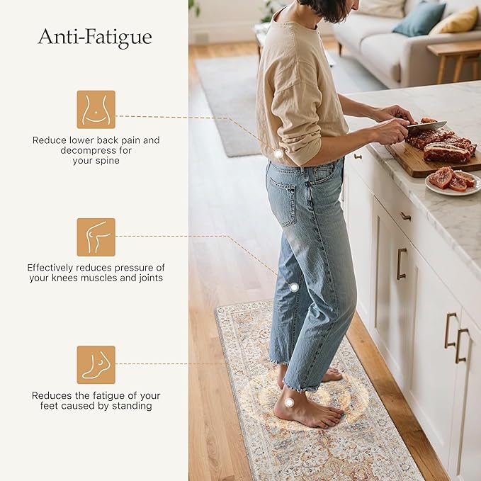 GENIMO Kitchen Mats for Floor, 2PCS Kitchen Rugs Non Slip Washable, Waterproof Anti Fatigue Mat, Comfort Standing Runner Rug for Sink, Office, Laundry, Home, 17.3"x59"+17.3"x30", Orange&Brown