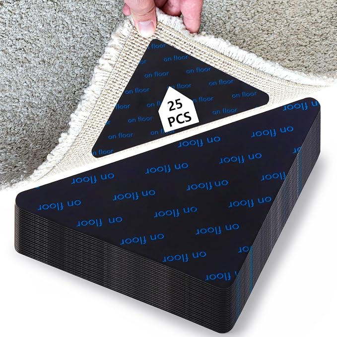 Tecbeauty 25 Pcs Rug Tape, Non Slip Rug Pads Grippers for Hardwood Floors, Reusable and Washable Carpet Tape for Area Rugs to Keep Corners Flat