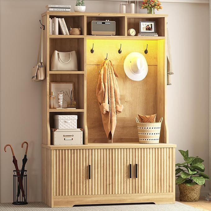 CSZZD Hall Tree with Bench and Shoe Storage, Fluted Entryway Bench with Coat Racks and Led Lights, 69" Tall Wood Hall Tree with 7 Coat Hooks, 6 Storage Cubbies, Adjustable Shelf