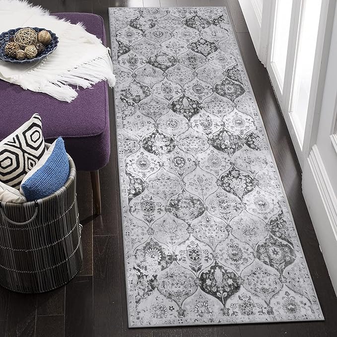 Lahome Moroccan Trellis Washable Runner Rug, 2x6 Kitchen Runners for Hallways 6 Feet Non Slip, Vintage Laundry Room Rug Ultra-Thin Carpet for Bathroom Bedroom Entryway Elise, Silver/Grey