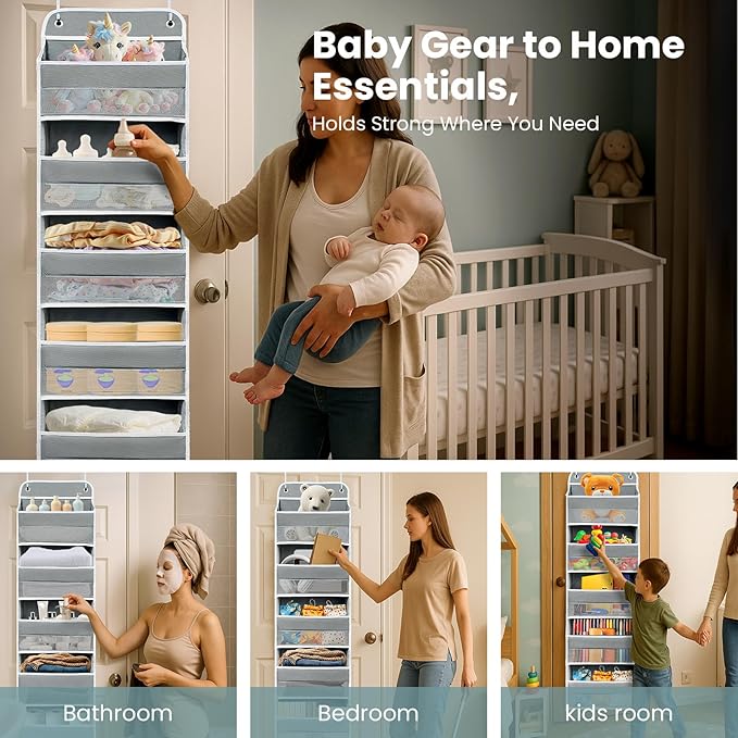 Easy Assembly Over The Door Organizer, 6 Shelves& 10 Side Pockets, Heavy-Duty Reinforced Mesh Rack Holds 44lb, Hanging Behind Door Storage for Bathroom Pantry, Nursery, Closet, Shoes, Towels-Grey