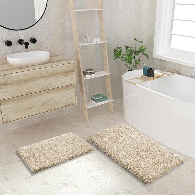 Yimobra Bathroom Rugs Non Slip Washable 36X24, Ultra Soft and Water Absorbent Bath Mats, Plush Fluffy Shower Mat Outside, Luxury Microfiber Thick Matts for Bathroom Floor/Tub, Light Beige and White