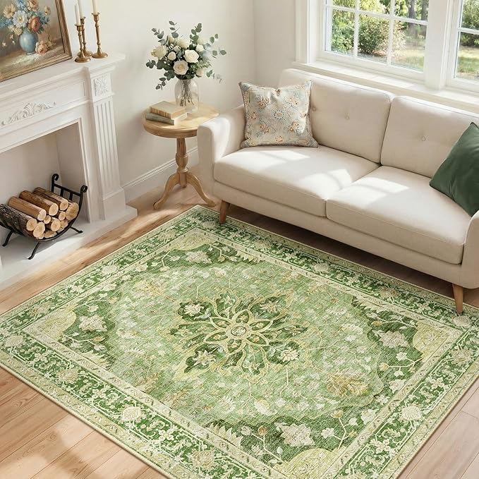 RELEANY Area Rugs 4'x6' Washable Non-Slip, Floral Vintage Distress Medallion Carpet for Living Room Bedroom Dining Room, Sage Green Yellow