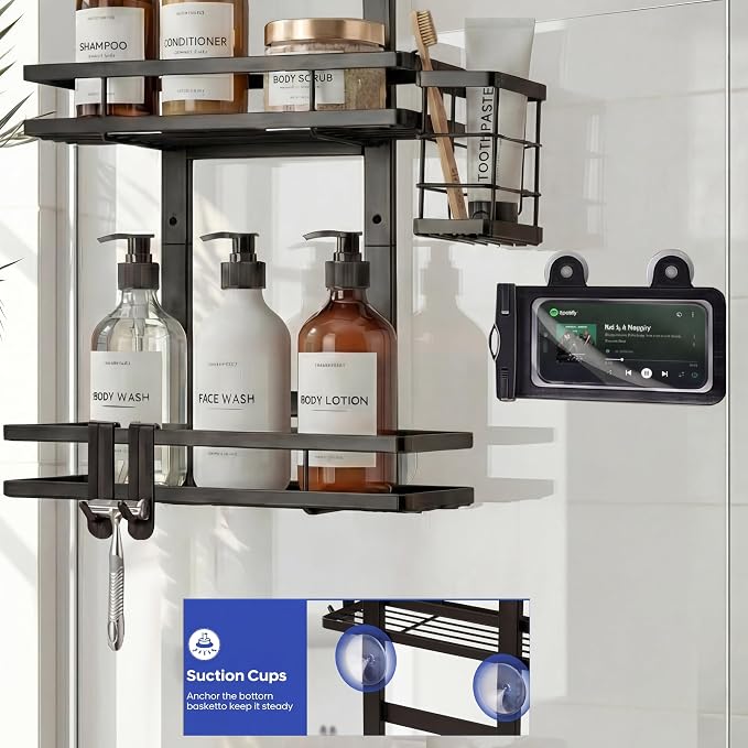 Over the Door Shower Caddy Hanging, Rustproof Shower Shelves with Waterproof Phone Pouch, 2-Tier Adjustable Bathroom Organizers and Storage, No Drilling Shower Shelf, Black Shampoo Soap Holder