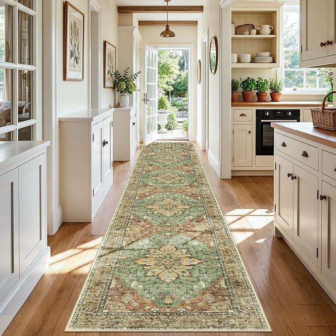 RELEANY Area Rugs Runner 3'x20' Washable Non-Slip, Floral Vintage Distress Medallion Carpet for Kitchen Hallway Bedroom Beside Laundry Room Bathroom, Terracotta Burnt Orange Green