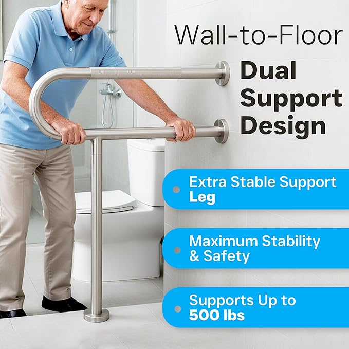 30 Inch Toilet Grab Bar with Leg for Bathroom, Wall & Floor Mounted Stainless Steel Handicap Grab Bar, Brushed Nickel Anti-Slip Knurled Grip, Safety Rail for Elderly, Disabled and Pregnant