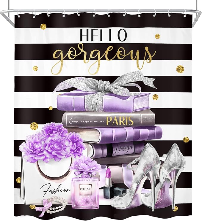 4Pcs Black and Purple Shower Curtain Set,High Heels Perfume Striped Bathroom Curtain with Rug, Toilet Lid Cover, Bath Mat, Modern Floral Flower Magazine Books Shower Curtain with 12 Hooks