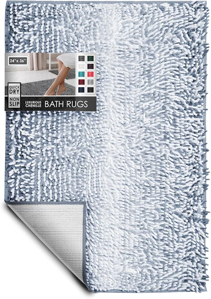 Hearth & Harbor Bathroom Rugs, Chenille Bath Mat - Machine Washable Bath Mats for Bathroom Non-Slip Backing Rubber, Quick Dry Bathroom Mat, 24 x 36 - Ombre Blue