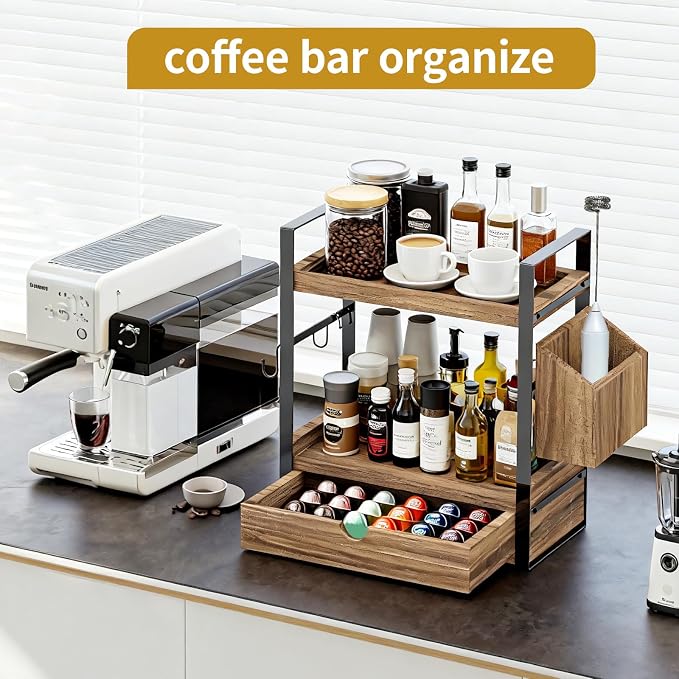 2-Tired Bathroom Counter Organizers and Storage, Bathroom Countertop Organizer with Drawer, Solid Wood Skincare Perfume Organizer for Vanity Kitchen Corner Shelf Office Countertop (Drak Brown)