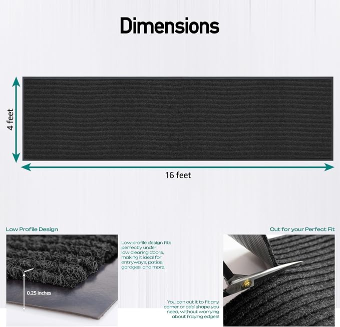 Oversized Rubber Door Mat - Heavy Duty, Waterproof, Low-Profile, Easy to Clean, Commercial Floor Mat (4 x 16 Feet, Black, MXM-RIB0316BK)